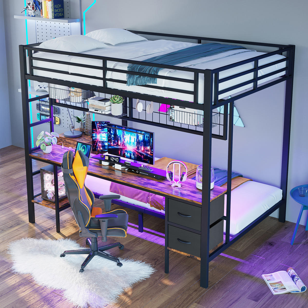 HOCHBETT 90x200cm + 140x200cm Schwarz Metall Schubladen Schreibtisch LED - Schwarz, Metall (140/200cm) - FLIEKS