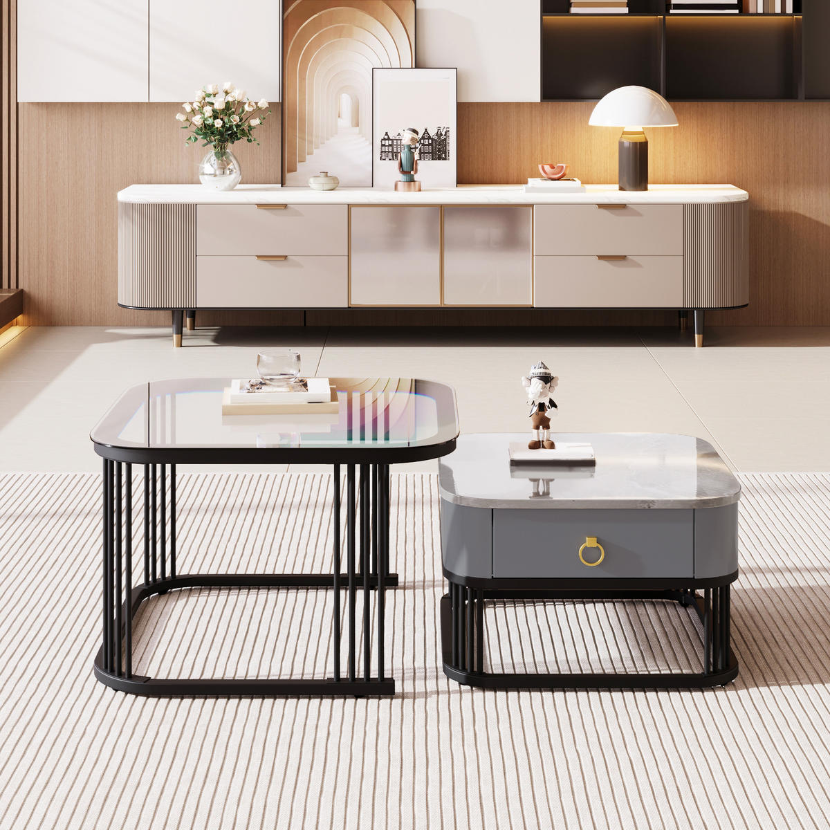 COUCHTISCH 2er-Set Marmoroptik mit Glasplatte und Schubladen - Schwarz, Holzwerkstoff (60/60/42cm) - Korfee