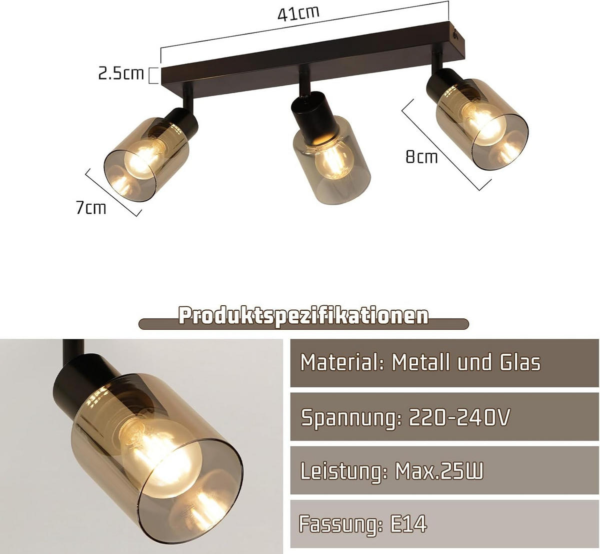 DECKENSTRAHLER Funkelbert 19/15/41 cm - Schwarz, Metall (41/19/15cm) - ZMH