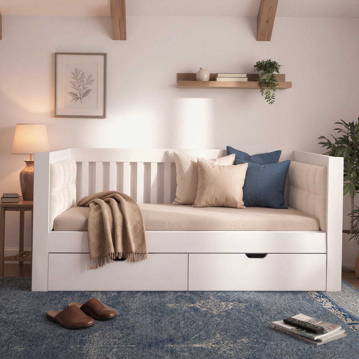 POLSTERBETT 90/200 cm Weiß mit 2 Schubladen - Weiß, Holz (90/200cm) - Oxeza