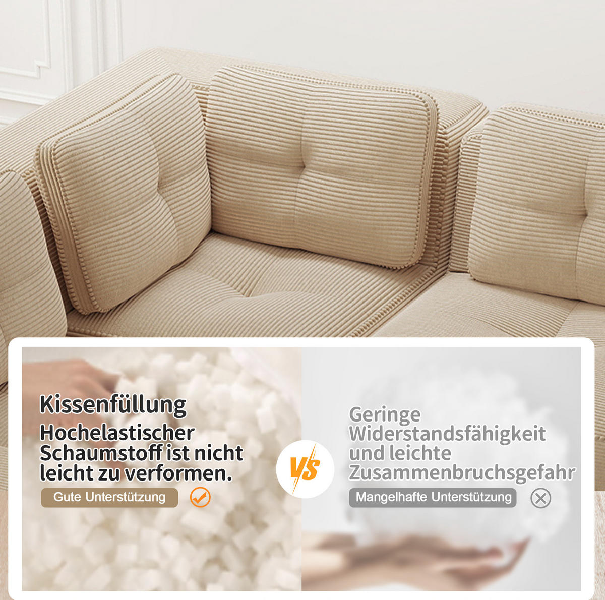 ECKSOFA 206/206/69 cm Beige aus Cordstoff mit modularem Design - Beige, Textil (206/206cm) - OKWISH