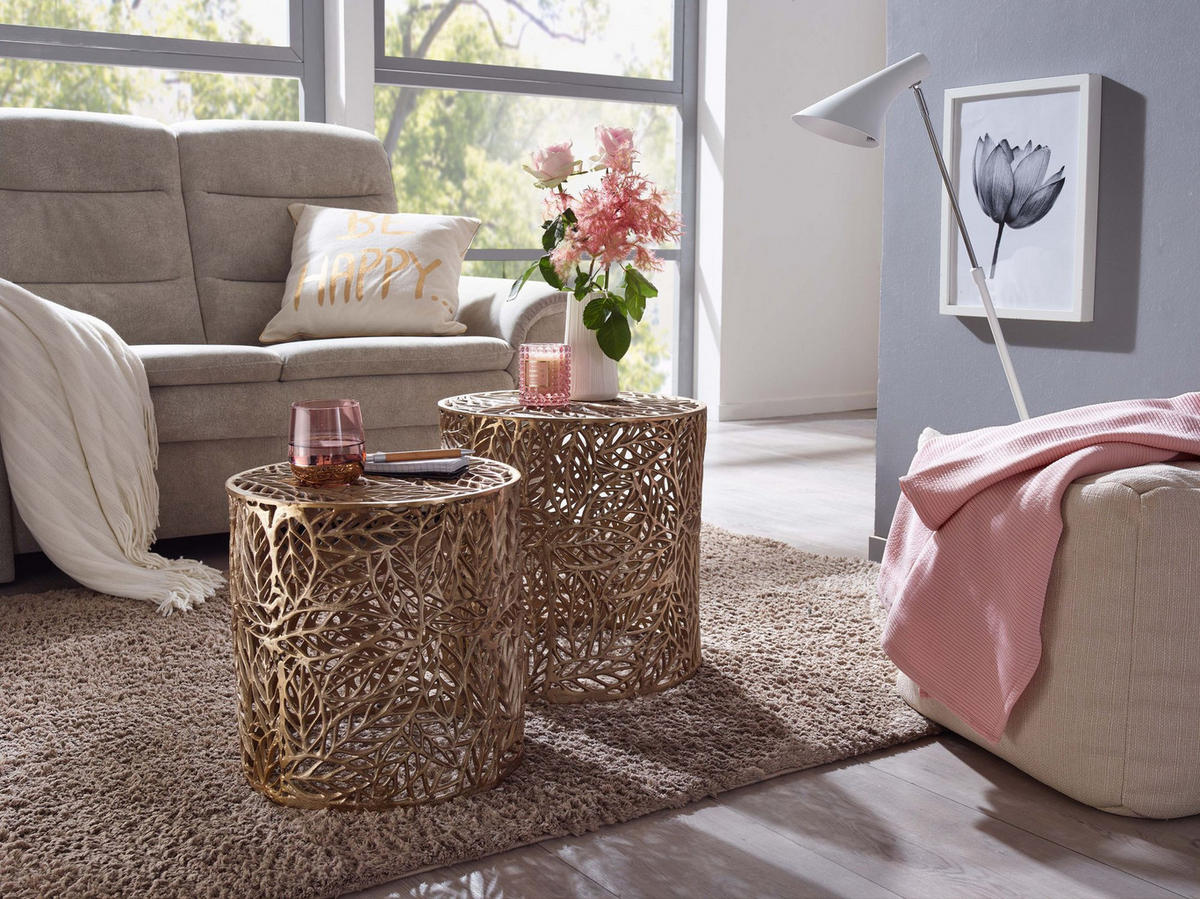 COUCHTISCH Set – Aluminium Silber 2-teilig mit Blumenmuster ineinanderstellbar - Goldfarben, Metall (41/41/42cm) - KADIMA DESIGN