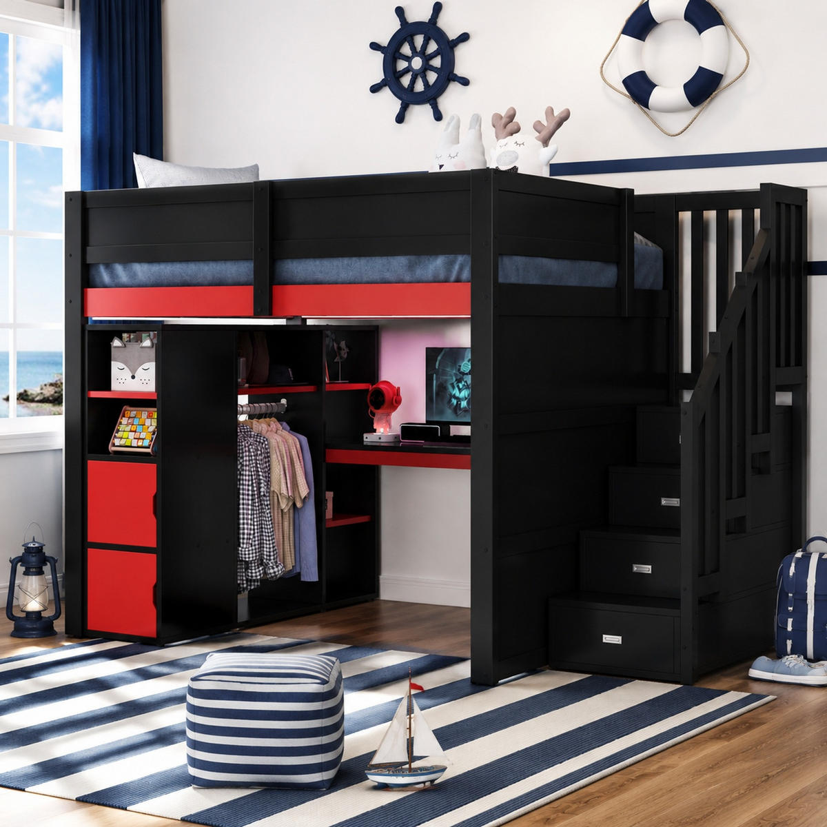 HOCHBETT 140/200 mit Schreibtisch, Stauraumtreppe, LED und USB in Schwarz und Rot - Rot/Schwarz, Holzwerkstoff (140/200cm) - EVRYAE