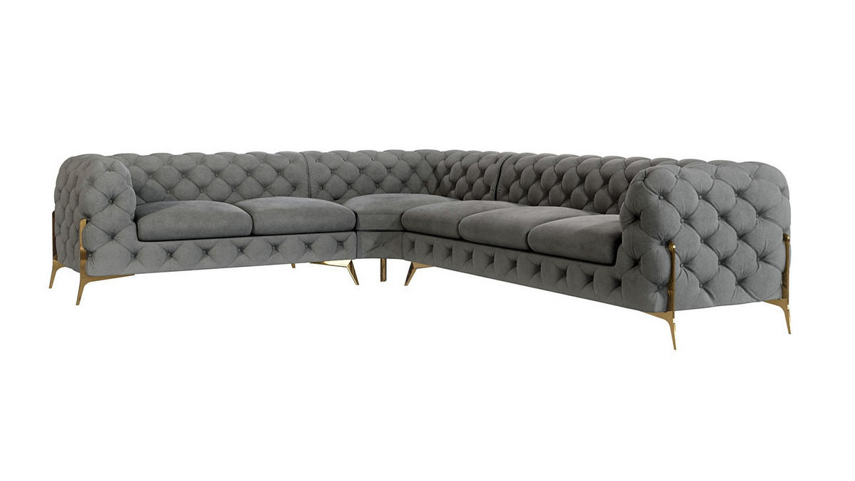 ECKSOFA Chesterfield Lexi Grau Samt, langer Schenkel rechts - Goldfarben/Grau, Holz/Textil (323/264cm) - S-Style Möbel