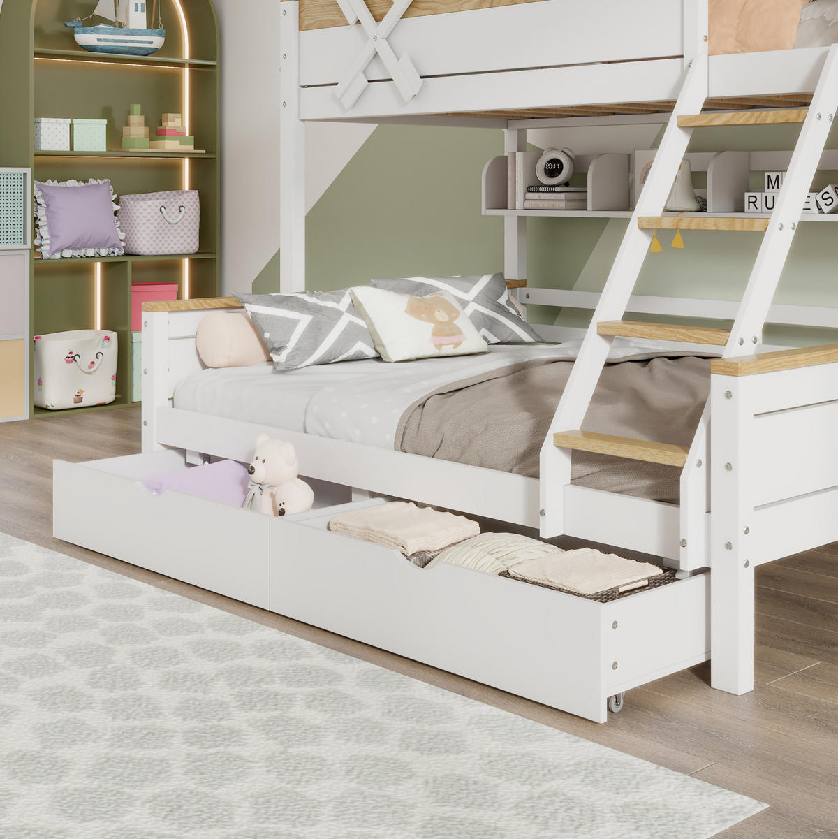 ETAGENBETT aus Kiefer und MDF 90x200/140x200 cm Weiß/Natur mit Regalen, Schubladen und Windmühlen-Design - Weiß, Holzwerkstoff (90/200cm) - Modfu