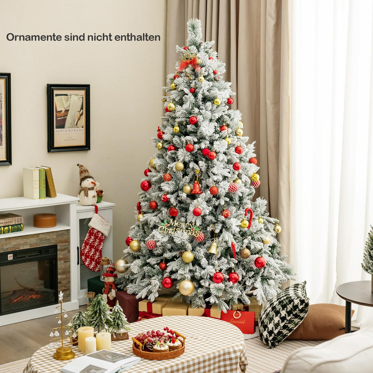 WEIHNACHTSBAUM mit Beleuchtung Schnee und Zapfen 210 cm weiß - Weiß, Metall (210cm) - COSTWAY