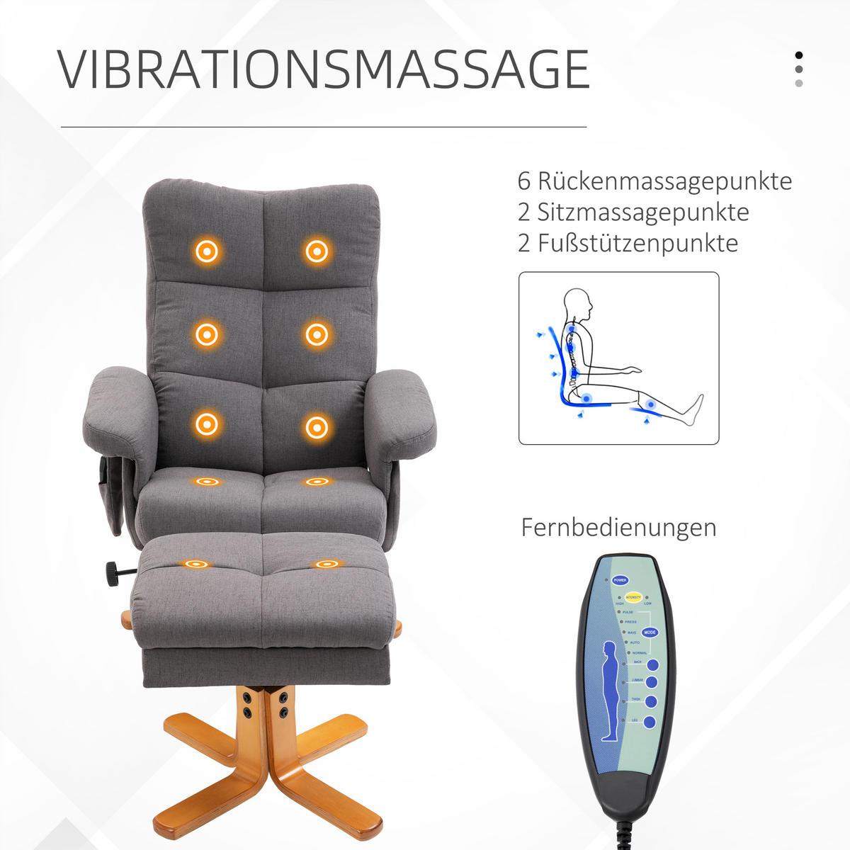 RELAXSESSEL Massagesessel mit Fußhocker Liegefunktion Polyester Dunkelgrau - Dunkelgrau, Holz/Textil (86/99/80cm) - HOMCOM
