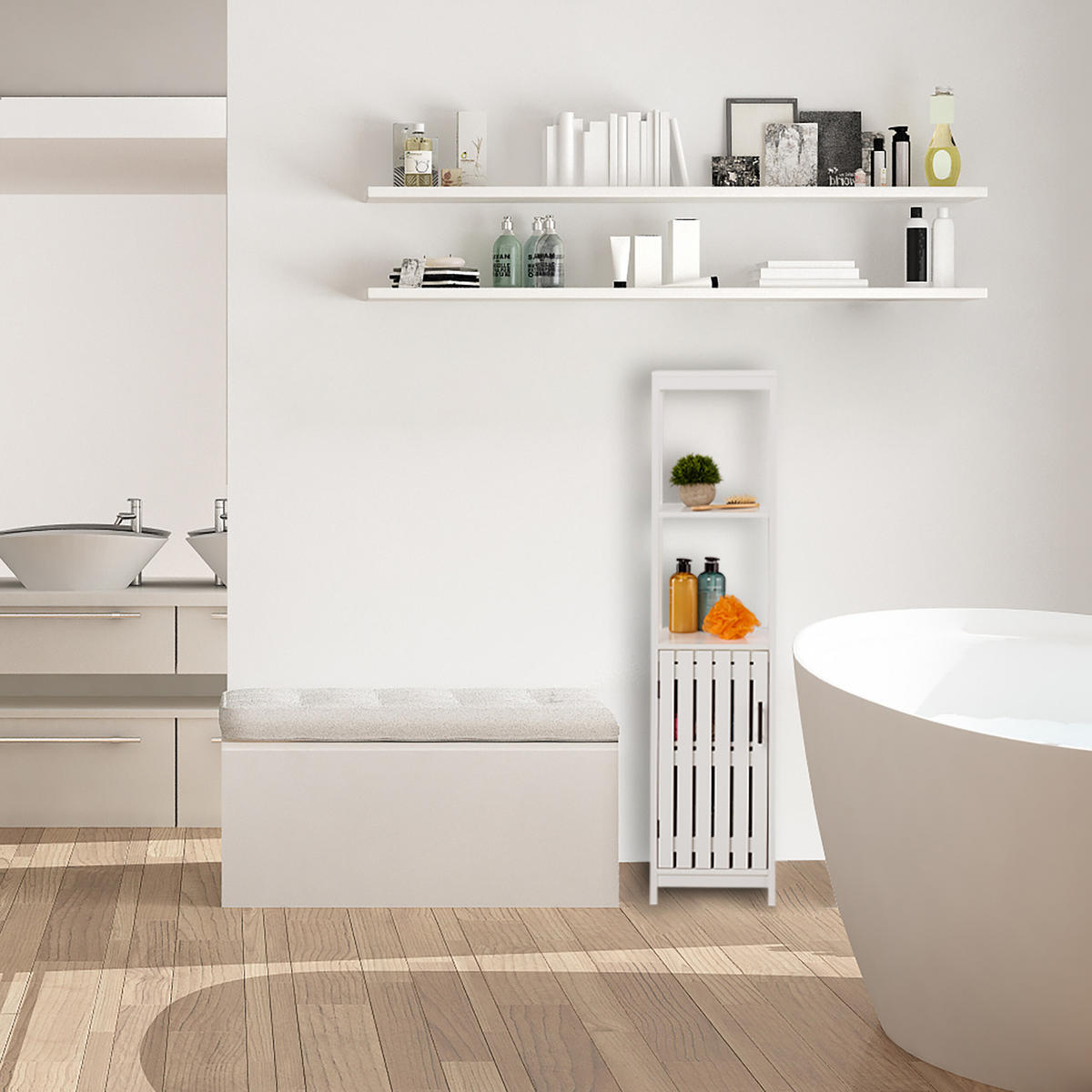 BADEZIMMERSCHRANK - Weiß, Holzwerkstoff/Textil (30/129/30cm) - Relaxdays