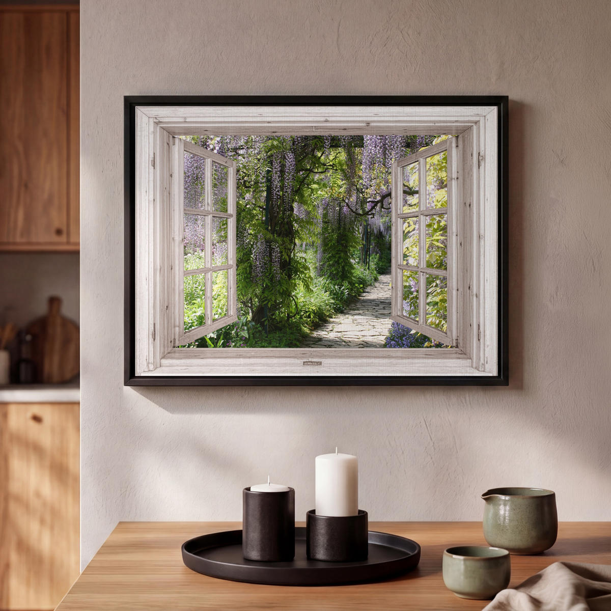 LEINWAND Bilder mit Rahmen - Blauer Regen - Blumen - Aussicht - Baum - Frühling - 40x30 - Grün, Textil (40/30cm) - MuchoWow