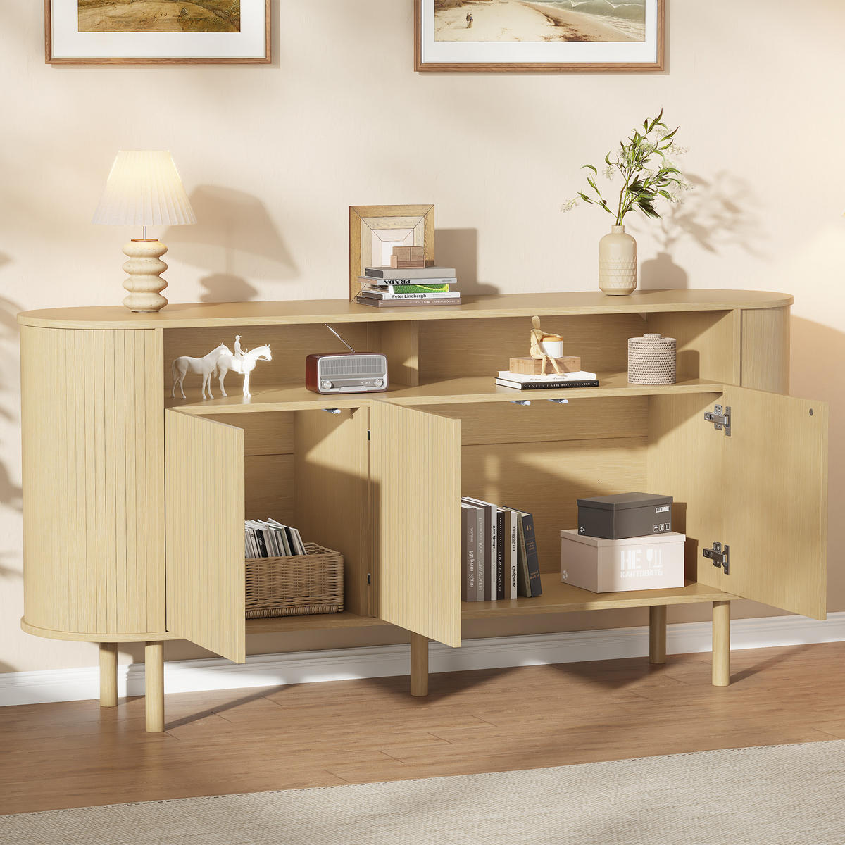 SIDEBOARD 160x40x78.5cm Naturholz mit 3 Wellentüren - Naturfarben, Holzwerkstoff (160/78.5/40cm) - FLIEKS
