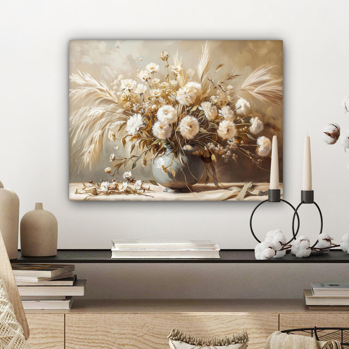 LEINWANDBILD Blumen - Vase - Stilleben - Beige Wandbild 40x30 cm - Creme, Textil (40/30cm) - MuchoWow