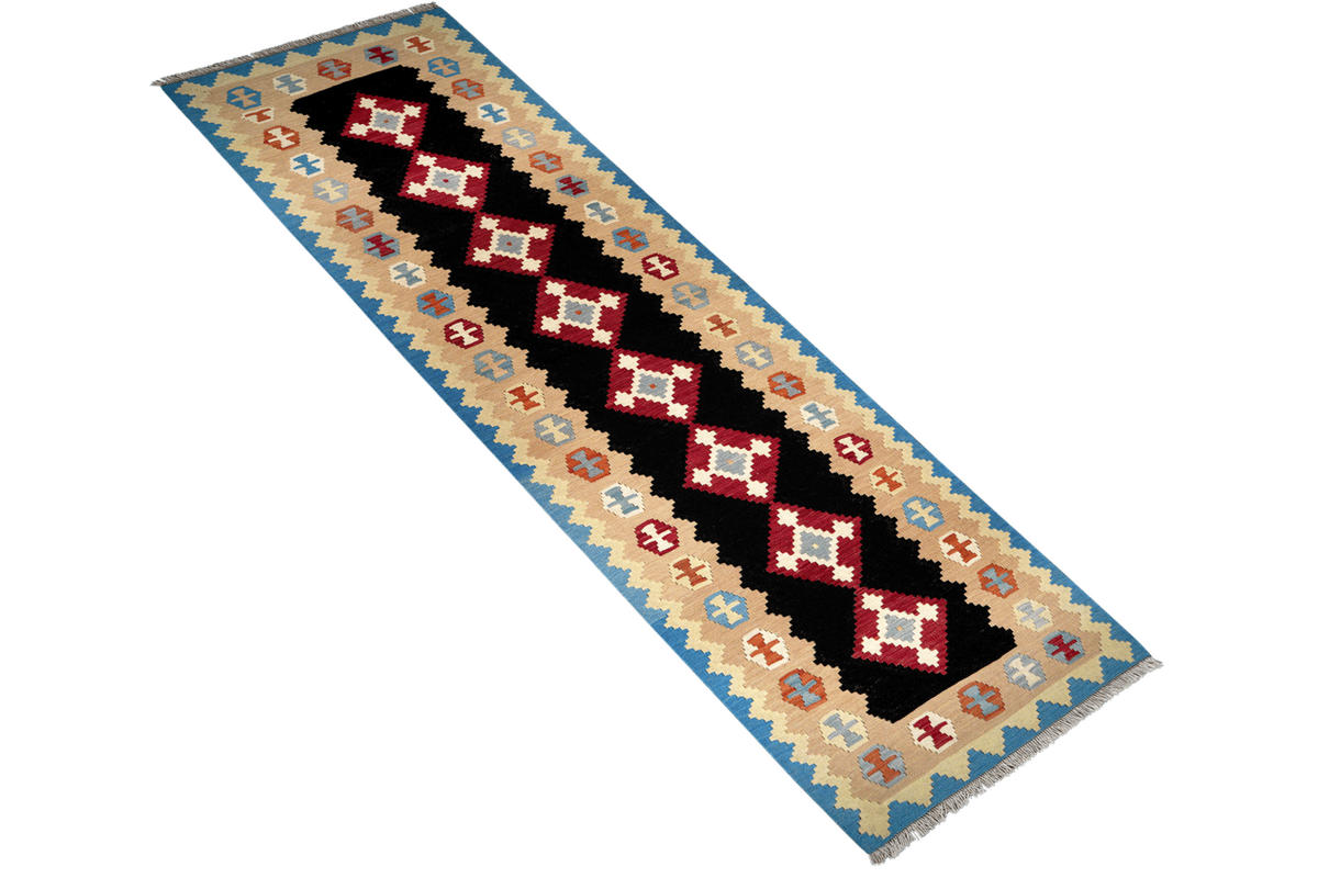 KELIM-LÄUFER handgewebt Gashgai Schwarz 300/92 cm Schurwolle - Schwarz, Textil (92/300cm) - Looma