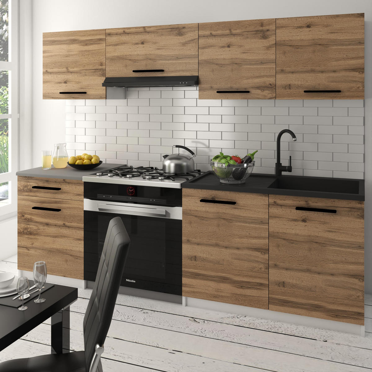 KÜCHENZEILE Italia 1 180 cm, mit Arbeitsplatten, Goldbraun - Braun, Holz (180/143/60cm) - B BELINI GROUP
