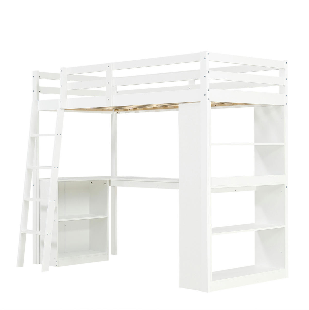 HOCHBETT aus Kiefer, Spanplatte und Sperrholz 90x200 cm Weiß mit Ablageregal, Filztuch und Schrägleiter - Weiß, Holzwerkstoff (140/200cm) - Modfu