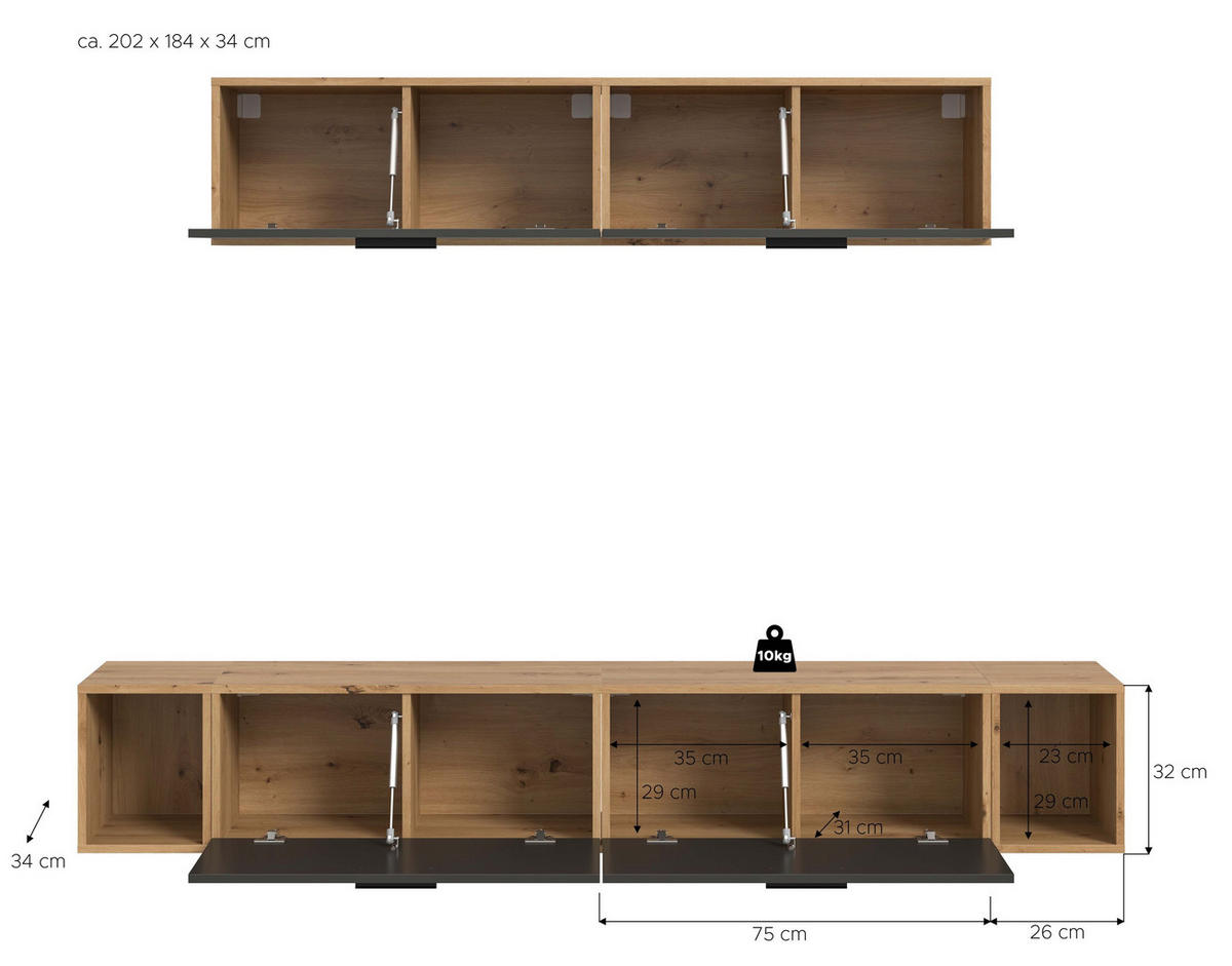 WOHNWAND Primo 6 tlg. (B/H/T: ca. 202/184/34 cm) in Artisan Oak /Basalt grau - Eiche Artisan, Holzwerkstoff (202/184/34cm)