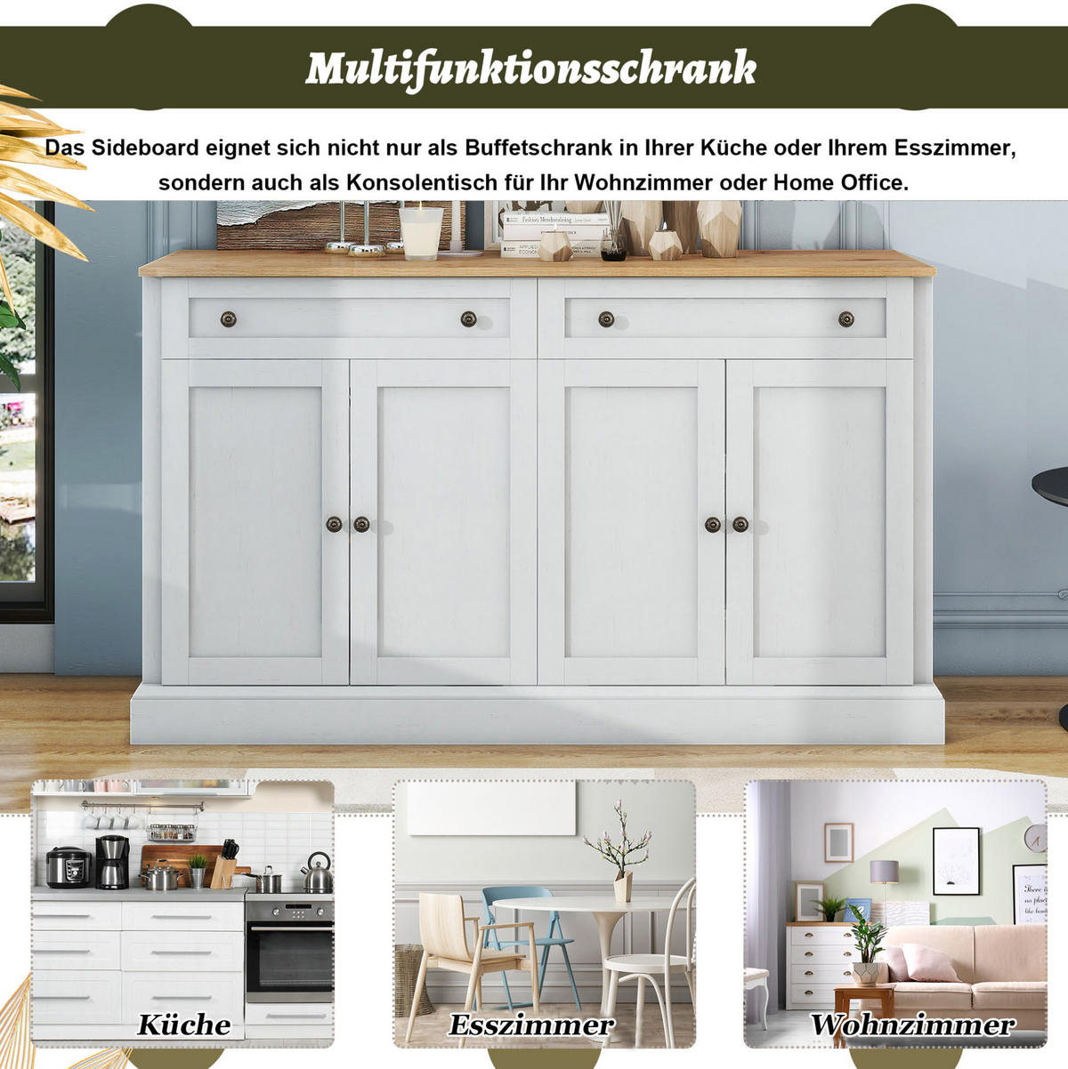 SIDEBOARD 150/40/86 cm mit 4 Türen, 2 Schubladen und verstellbaren Einlegeböden, Weiß/Naturholz - Naturfarben, Holzwerkstoff (150/86/40cm) - Redom