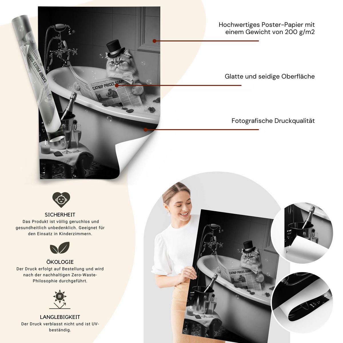 POSTER für Badezimmer WC KATZE in Badewanne Zeitung Abstraktion 20x30cm - Schwarz/Weiß, Papier (20/30/1cm) - Muralo