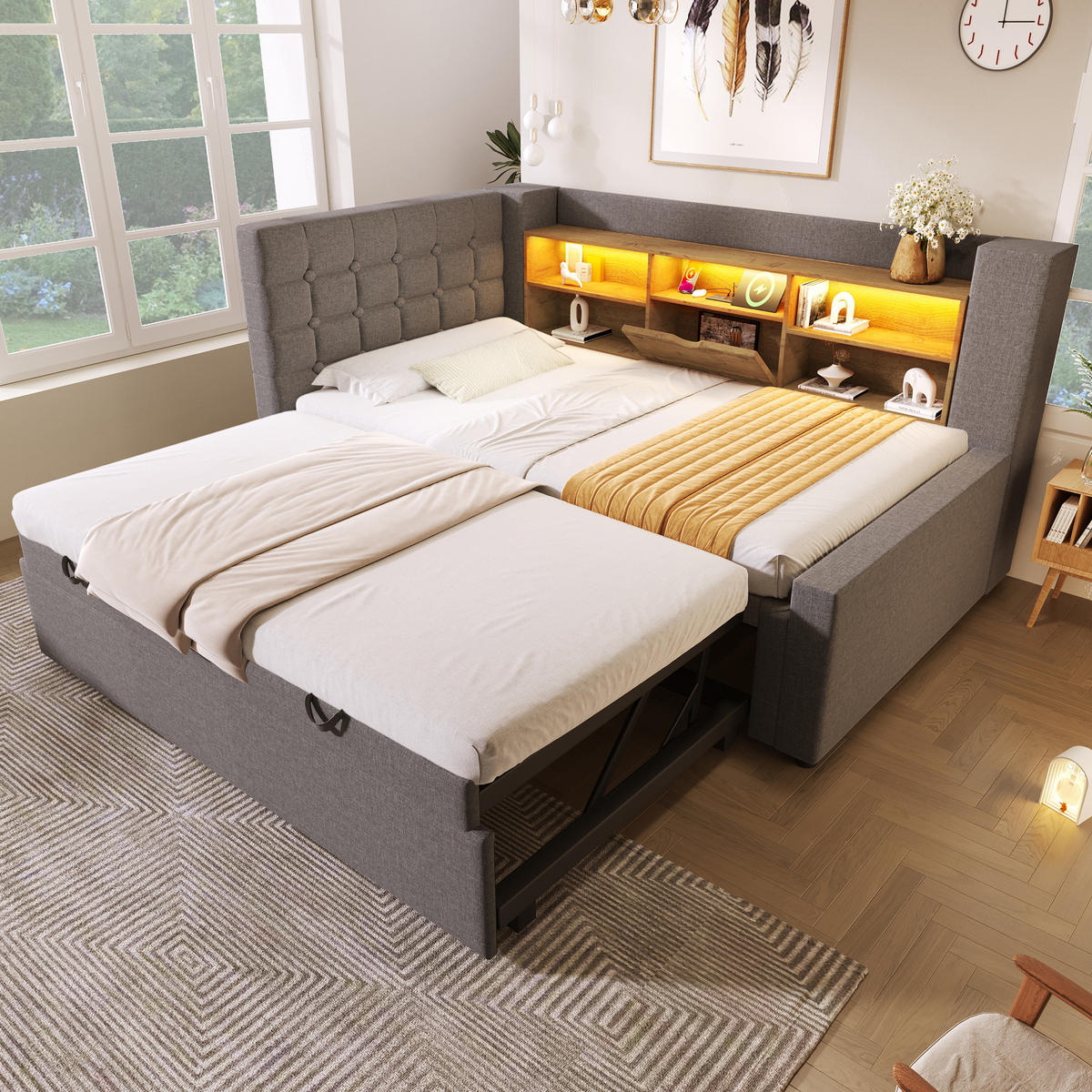 AUSZIEHBETT 90/200 cm DE-00756, in Grau, LED und L-Kopfteil - Grau, Metall (90/200cm) - ComfortXL