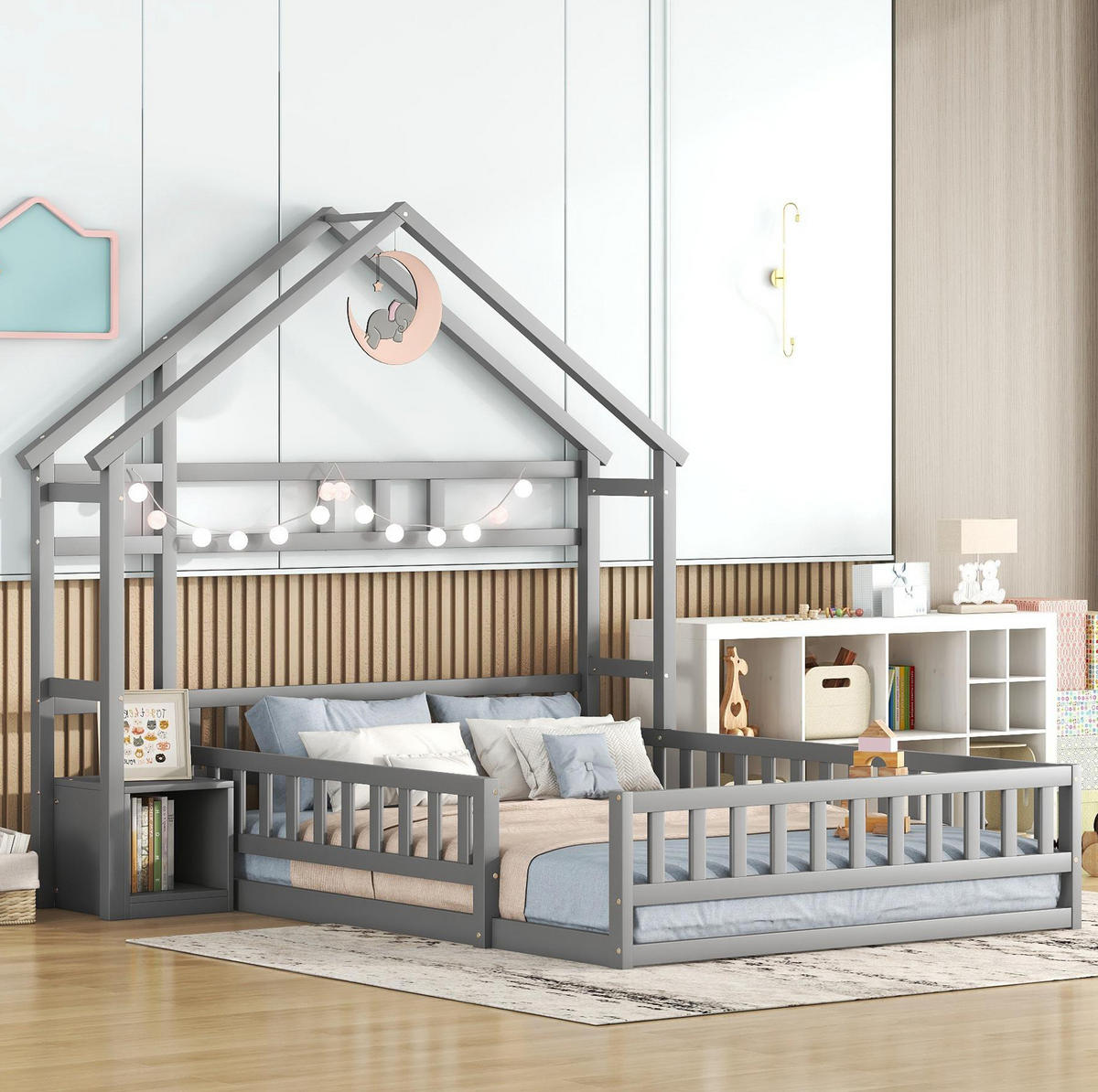 HAUSBETT 140/200 cm Grau mit Nachttisch und Geländer - Grau, Holz (140/200cm) - MIVRAY