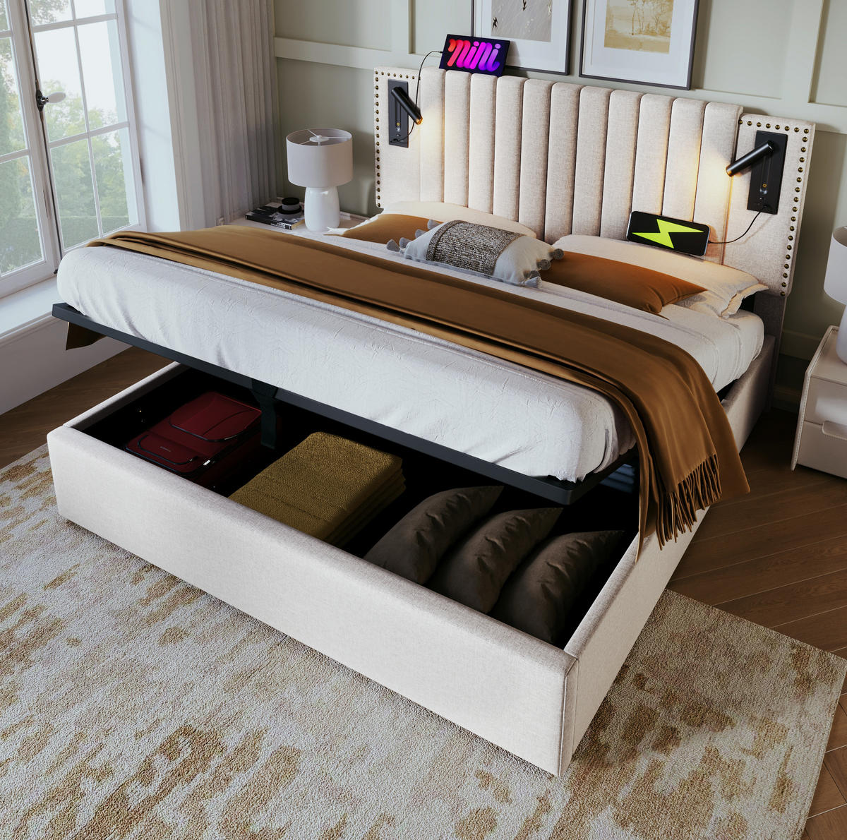POLSTERBETT aus Baumwolle 160x200 cm Beige mit Bettkasten, Leselicht, USB-C und Federkernmatratze - Beige, Textil (160/200cm) - IVMEU