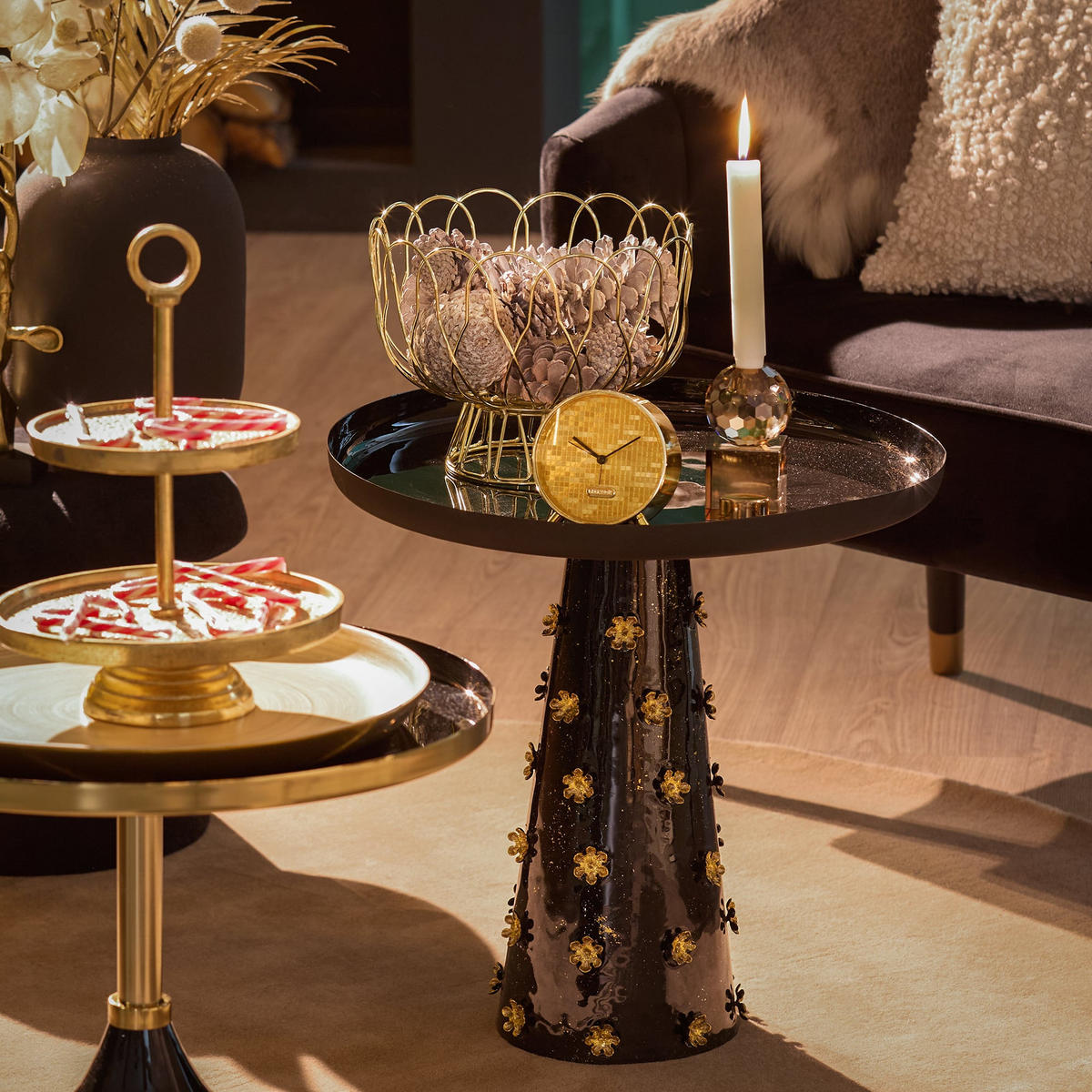BEISTELLTISCH Golden Flowers Schwarz 20/20/40 cm - Schwarz, Metall (20/20/40cm) - Leitmotiv