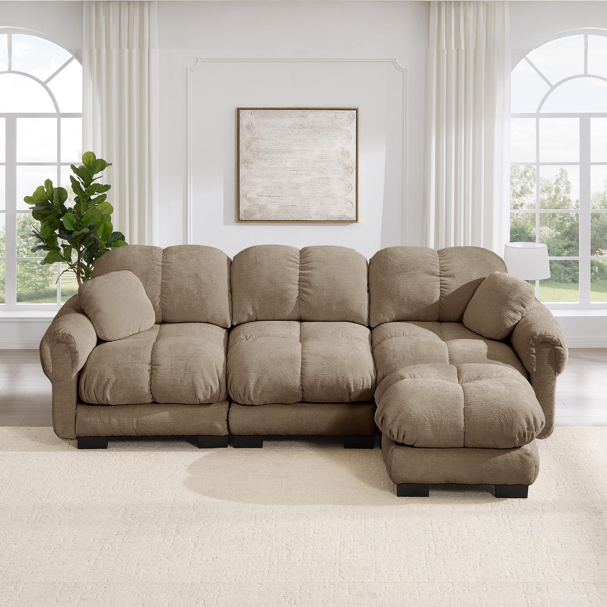 ECKSOFA DE-34384 L-Form mit Ottoman und Steppdesign Braun - Braun, Textil (149/260cm) - ComfortXL