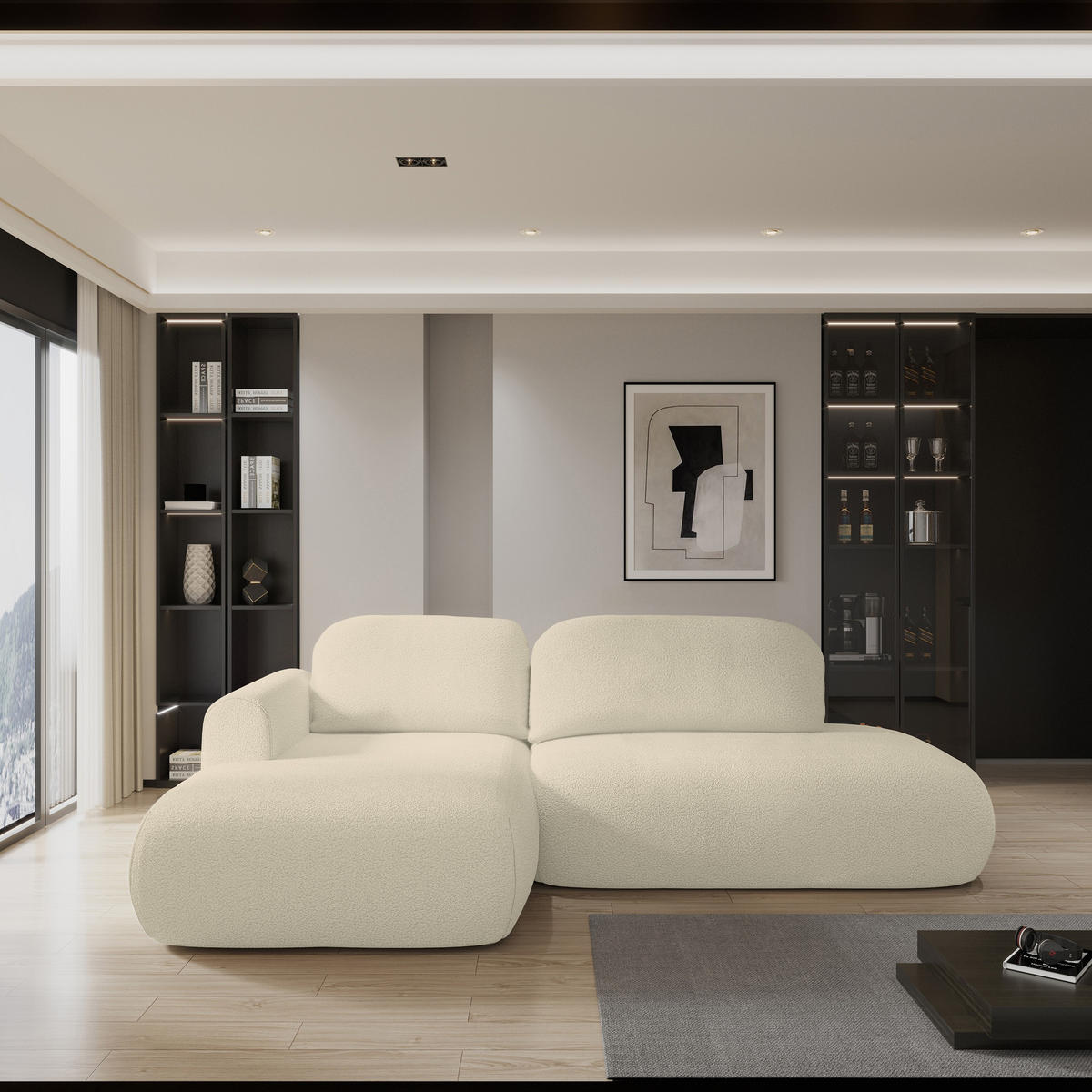 ROHOVÁ SEDAČKA NUVIRA krémová - černá/krémová, dřevo/textil (279/158cm) - MASSENO