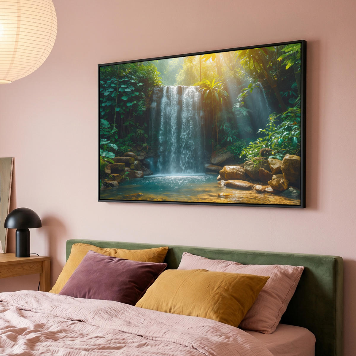 LEINWAND Bilder mit Rahmen - Wasserfall - Dschungel - Sonne - Grün - Natur - 120x80 - Grün, Textil (120/80cm) - MuchoWow