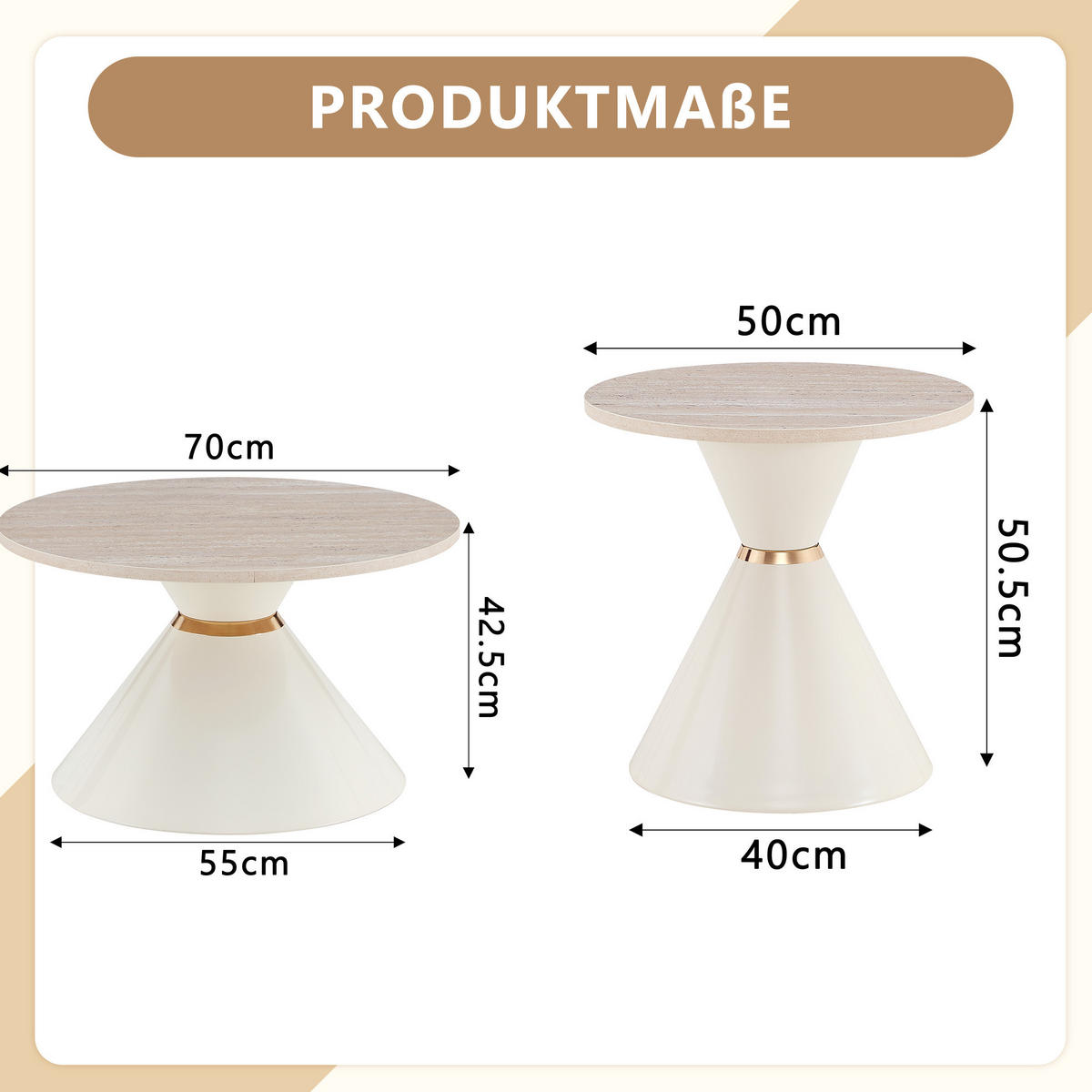 COUCHTISCH-SET 50/50/50,5 cm cremeweiß aus Metall mit Travertin-Optik - Eichefarben, Metall (50/50/50.5cm) - OKWISH