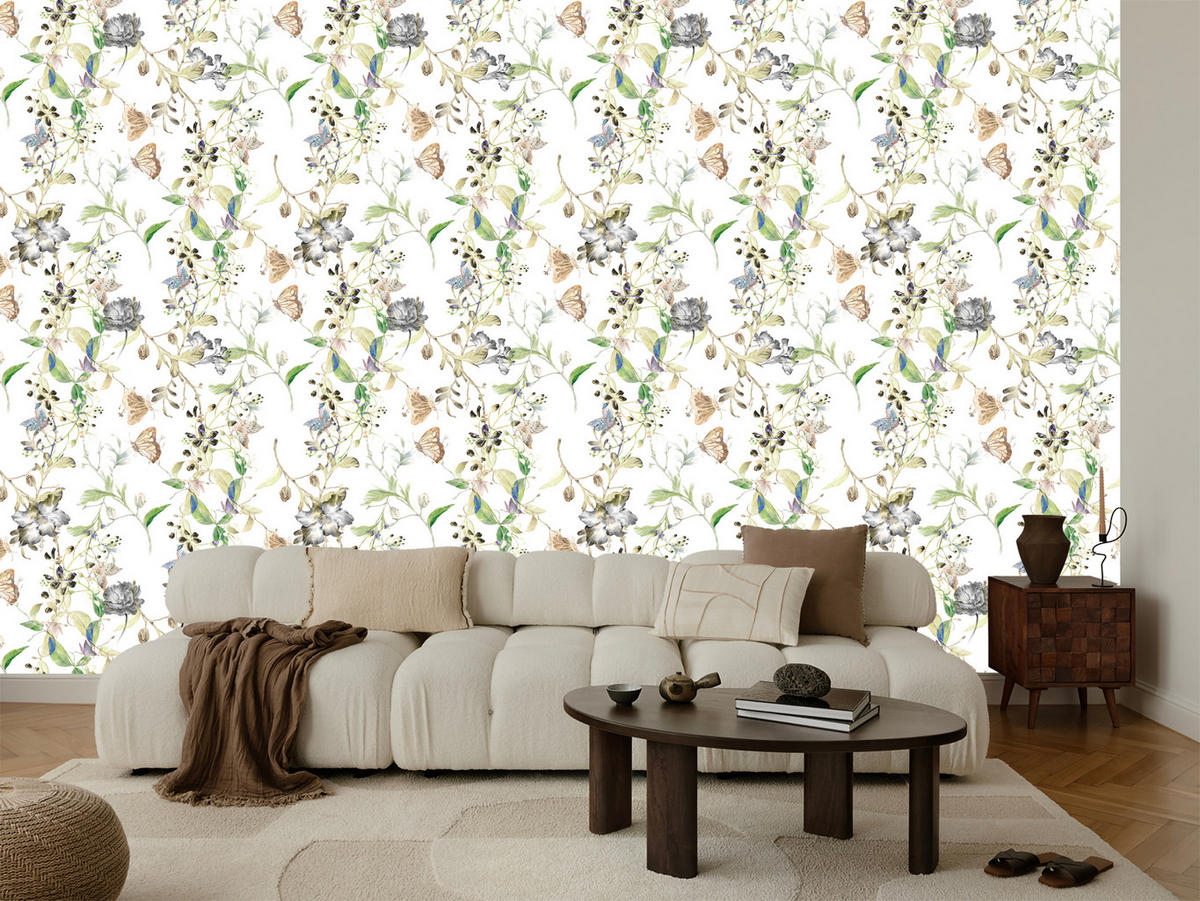 VLIESTAPETE Wiesenblumen im Retro-Stil – Grün, Beige, Weiß – 50x1000 cm - Beige/Weiß, Papier (50/1000cm) - Muralo