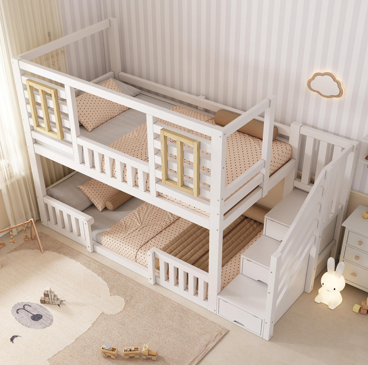 PATROVÁ postel 90/200 cm bílá z borovicového dřeva s úložným schodištěm a okénky - bílá, kompozitní dřevo (90/200cm) - OKWISH