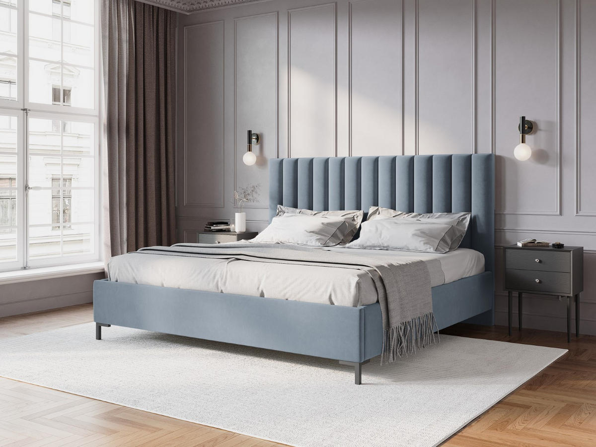 BETT mit Bettkasten und Kopfteil Allison aus Samt hellblau 140x200cm - Hellblau, Textil (140/200cm) - Micadoni