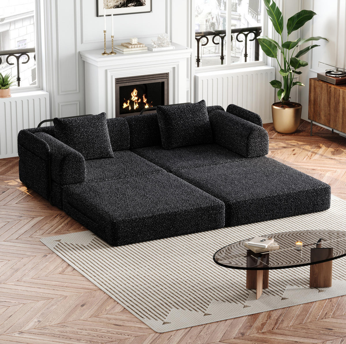 SCHLAFSOFA aus Chenille Schwarz 2-in-1 mit Armlehnen-Ablagefach und flexibler Modulnutzung - Schwarz, Textil (91.4/69.8/183.8cm) - Modfu