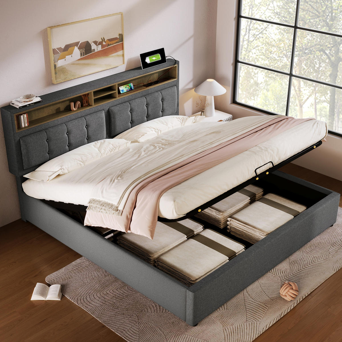 POLSTERBETT aus Leinen 160x200 cm in Grau mit USB-C & Steckdosen - Grau, Textil (160/200cm) - Modfu