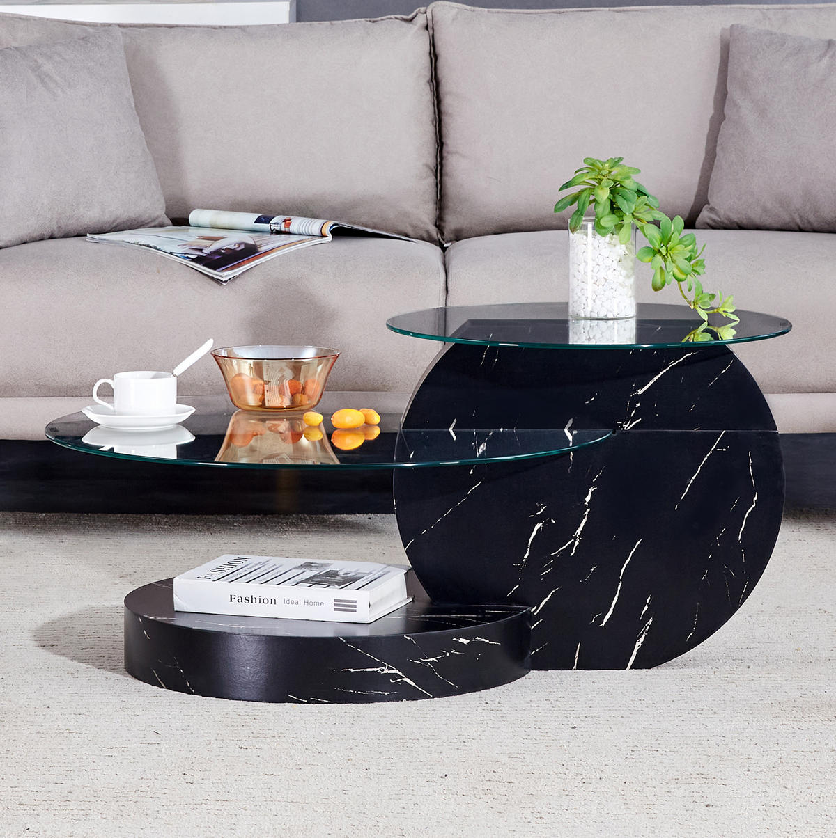 COUCHTISCH 90/70/43 cm mit mehrstufigen Ablagen und gehärtetem Glas, Schwarz/Transparent - Transparent, Holzwerkstoff (89.9/69.9/43.2cm) - Redom