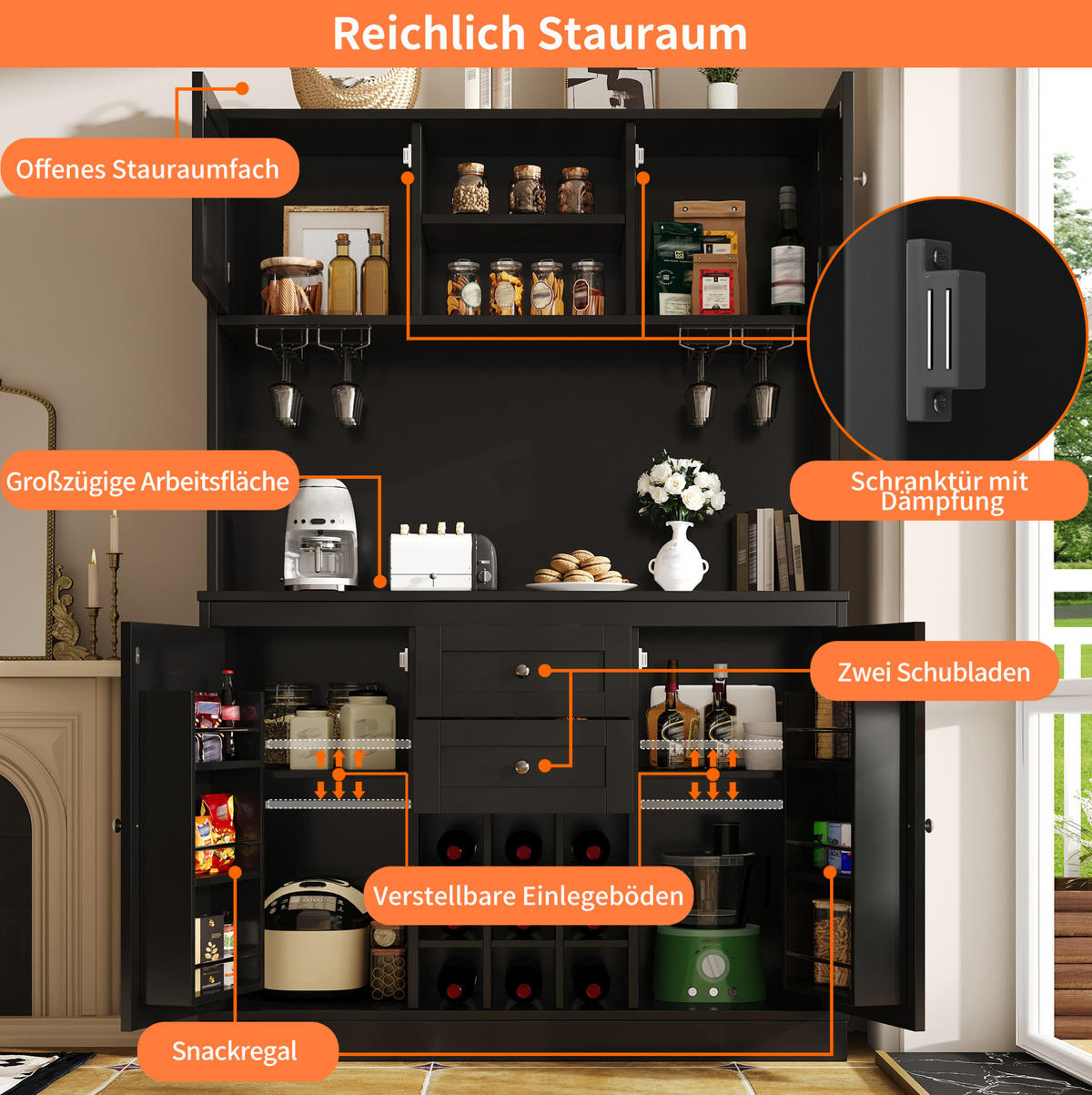 BUFFET 120/188/40 cm Schwarz aus MDF mit verstellbaren Einlegeböden - Schwarz, Holzwerkstoff (40/188/120cm) - OKMYHOME