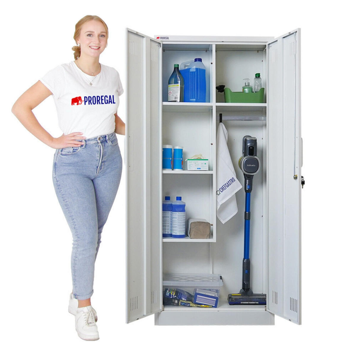 PUTZMITTELSCHRANK Rhino Metall 170x70x30cm Weiß - Schwarz/Weiß, Metall (70/170/30cm) - PROREGAL