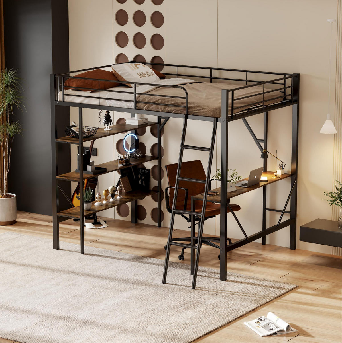 HOCHBETT 90/200 cm aus Metall und MDF mit Schreibtisch und 3 Ablagen Schwarz - Schwarz, Metall (90/200cm) - Modenvie