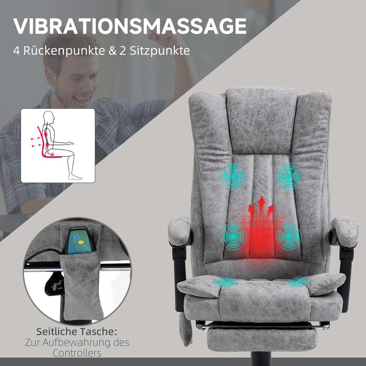 BÜROSTUHL Massagesessel Heizfunktion Liegefunktion Fußstütze Grau - Grau, Textil (67/113/62cm) - Vinsetto