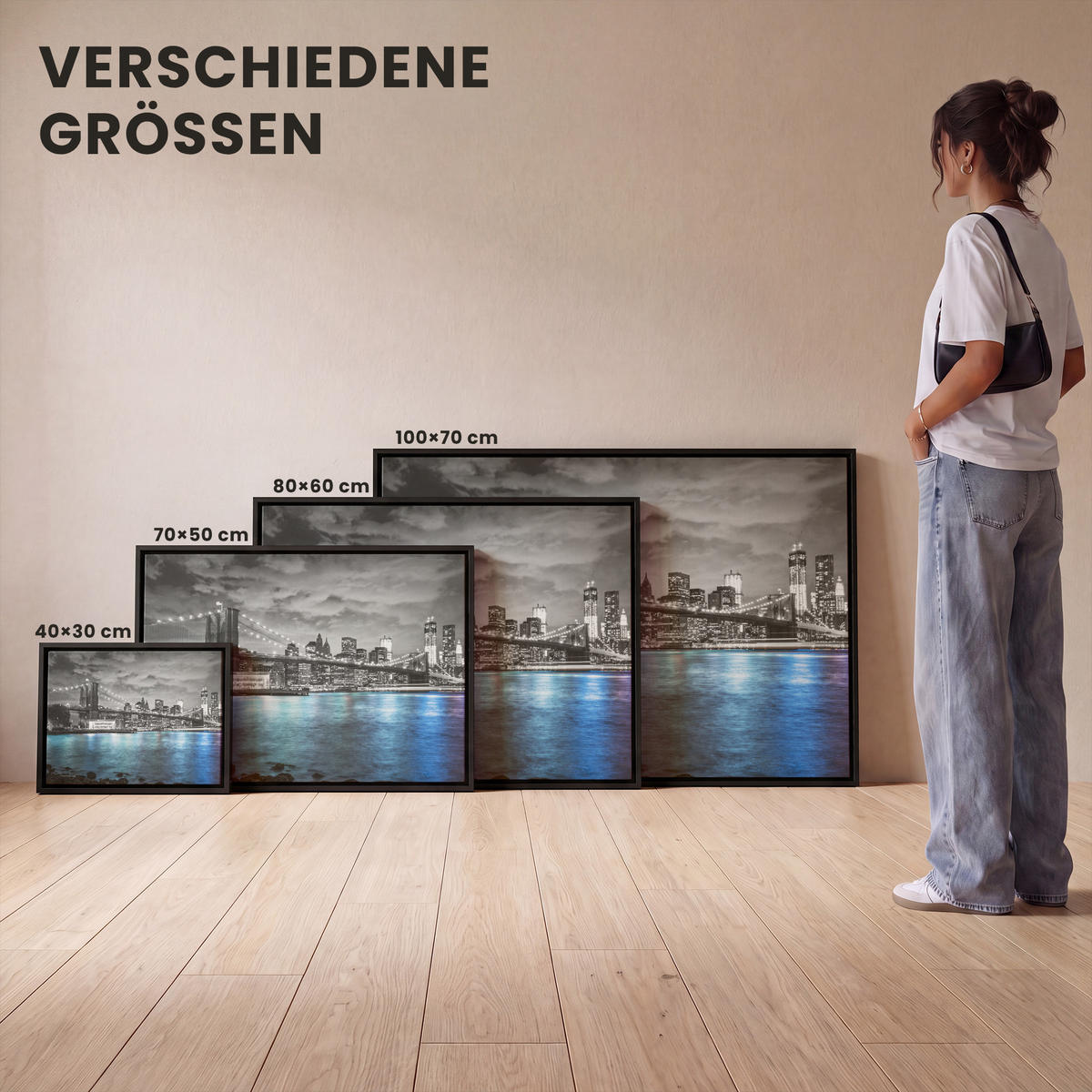 LEINWAND Bilder mit Rahmen - New York - Skyline - Stadt - Blau - 70x50 - Blaugrau, Textil (70/50cm) - MuchoWow