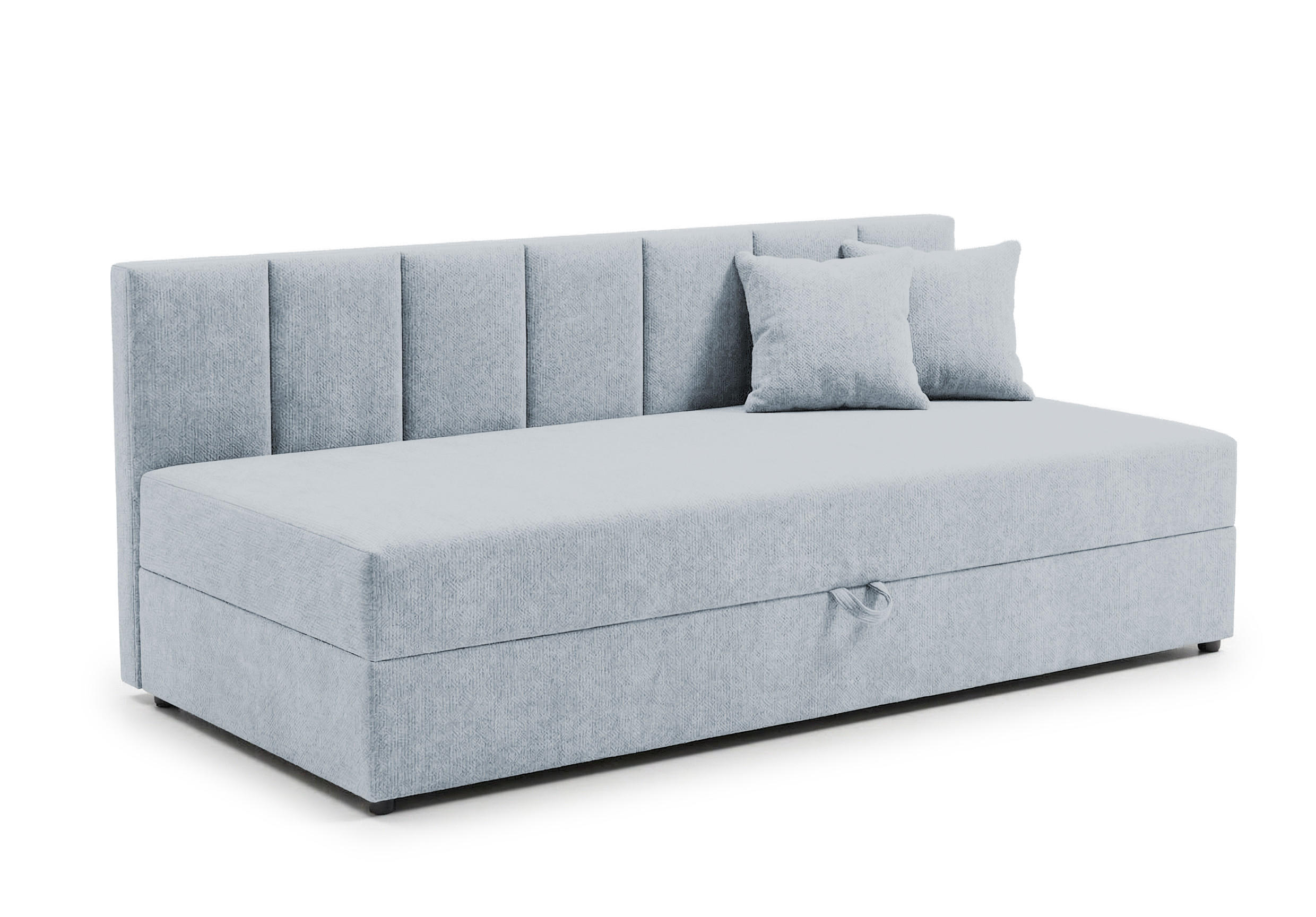 TAGESBETT Lenny mit Rückenlehne und großem Bettkasten aus Hellblau Chenille-Stoff - Schwarz/Hellblau, Holz/Kunststoff (90/200cm) - S-Style Möbel