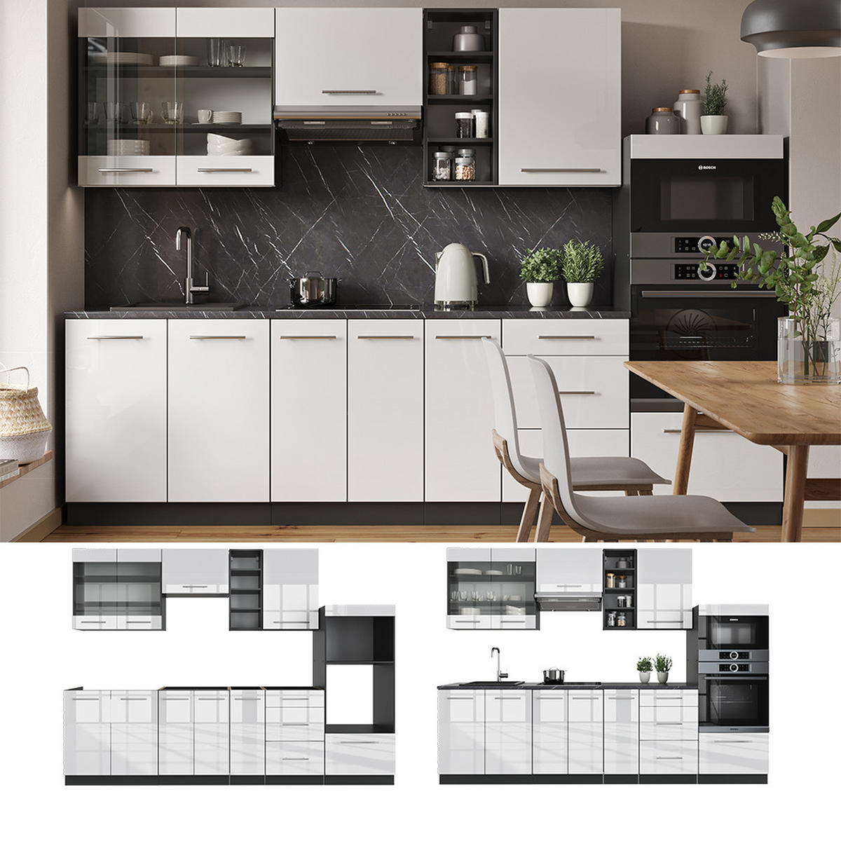 KÜCHENZEILE Fame-Line Weiß Hochglanz/Anthrazit 280 cm, AP Eiche - Weiß Hochglanz/Anthrazit, Holzwerkstoff (280/81.6/60cm) - Vicco