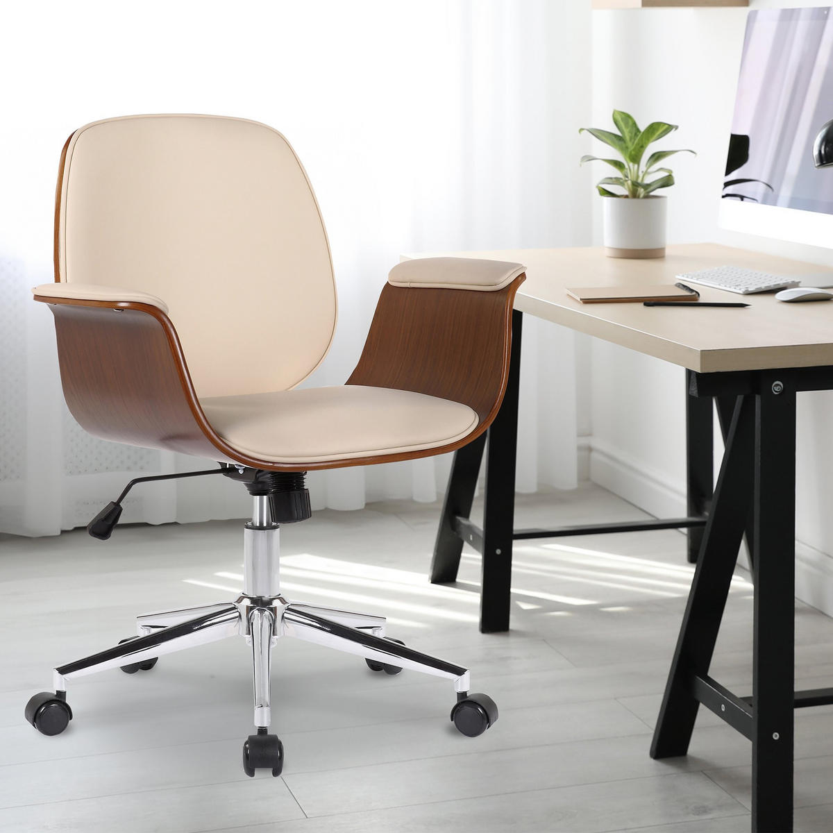 DREHSTUHL Holz walnuss/creme - Chromfarben/Walnussfarben, Holz/Textil (69/82/62cm) - CLP