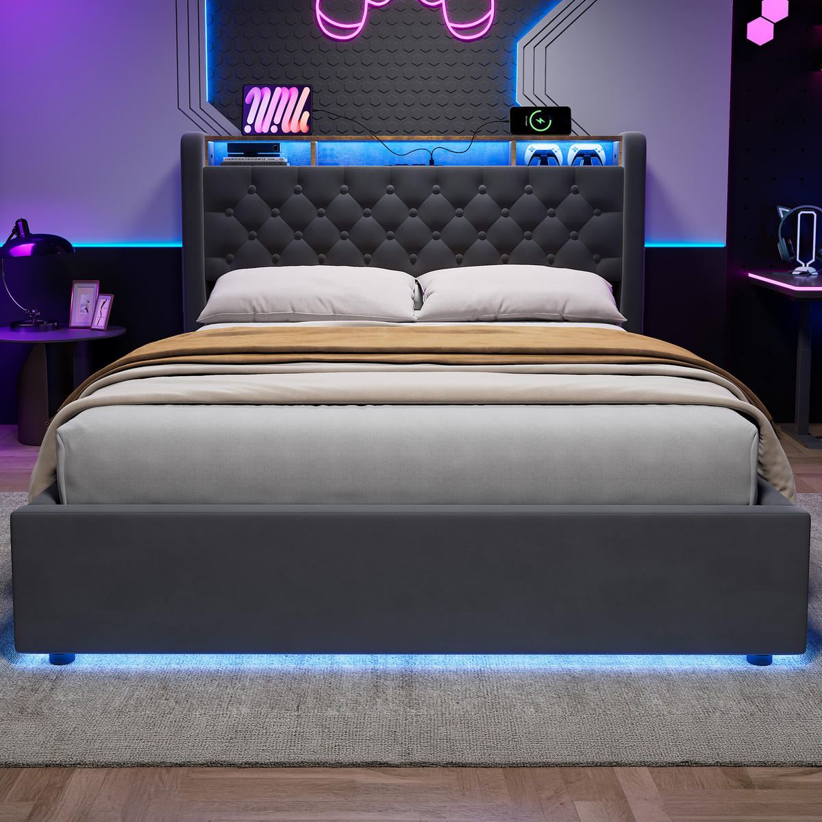 POLSTERBETT 140/190 cm in Dunkelgrau Samt mit Bettkasten, LED-Beleuchtung und USB-Anschluss - Dunkelgrau, Holzwerkstoff/Textil (140/190cm) - CHICFURN