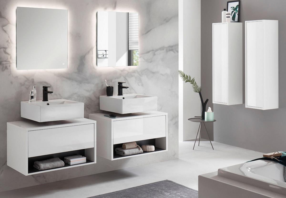 BADMÖBEL-SET 6-teilig weiß Hochglanz, grau, Komplettset mit LED Beleuchtung - Weiß Hochglanz/Grau, Glas/Holzwerkstoff (250/190/46cm) - Furn.Design