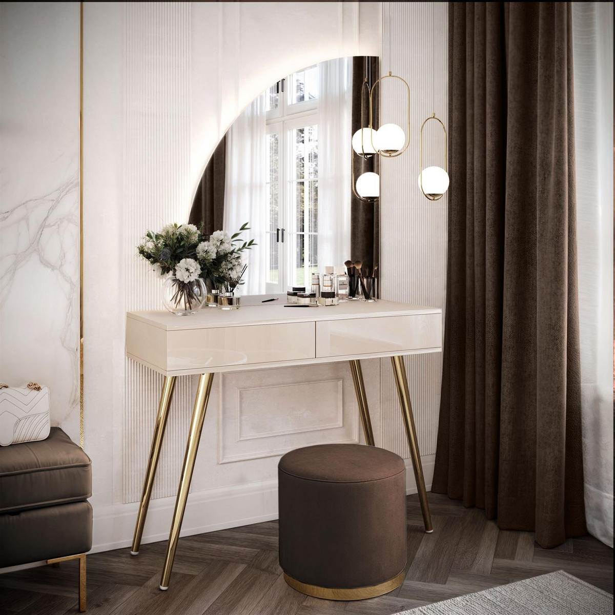 SCHMINKTISCH SIENNA-QS KASCHMIR mit LED-Spiegel PUSH OPEN - Kaschmir, Holzwerkstoff (100/81/42cm) - Lookway