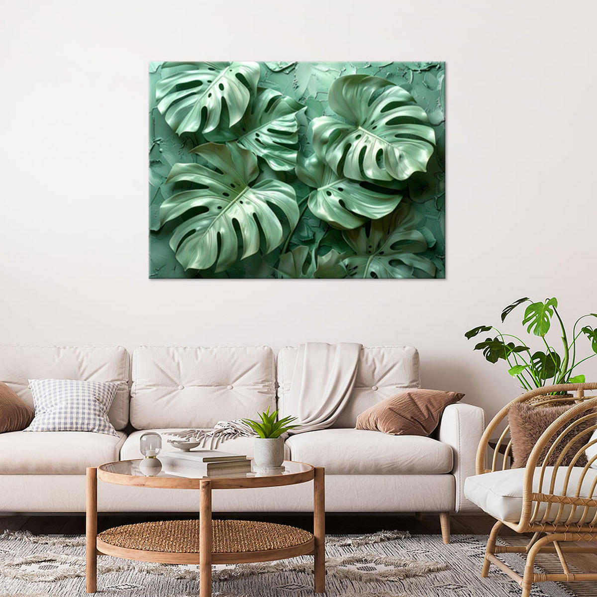 LEINWANDBILD, Grüne Monstera-Blätter (3D) - Grün, Textil (30/20cm) - Feeby
