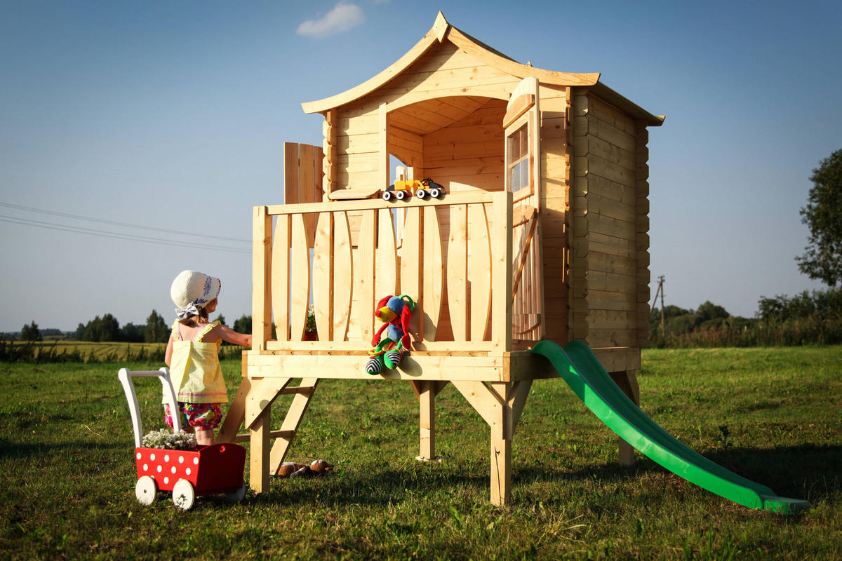 STELZENHAUS mit rutsche aus Holz - B175xL146xH212 cm/1,1m2 - M550A - Beige, Holz (146/212/112cm) - Timbela