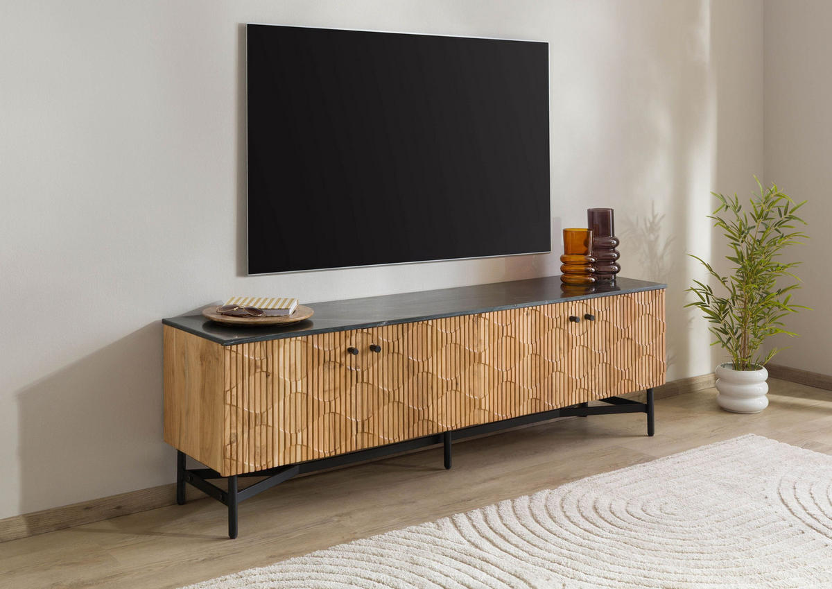 TV-BOARD Akazie 180x40x55 natur lackiert / Marmor schwarz LONDON #105 - Naturfarben, Holz (180/55/40cm) - Massivmoebel24