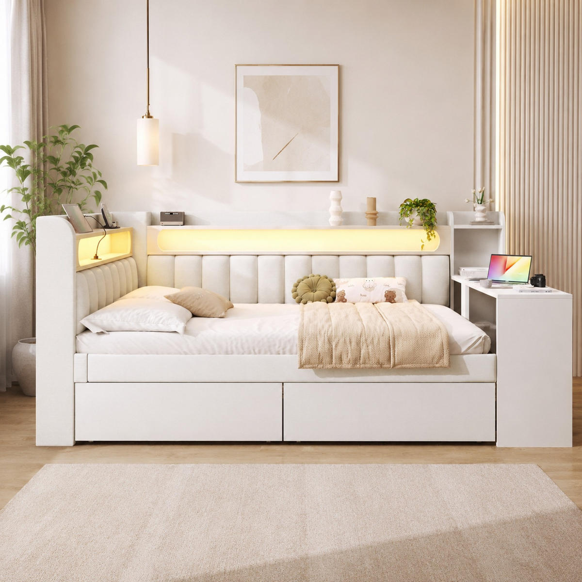 DENNÍ POSTEL 140/200 cm v bílé barvě s LED osvětlením, USB a 2 zásuvkami - bílá, kov/kompozitní dřevo (140/200cm) - CHICFURN
